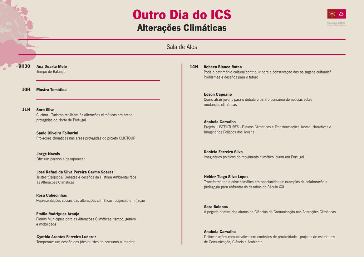 Programação das apresentações do Outro Dia do ICS - Evento do ICS - UMinho
